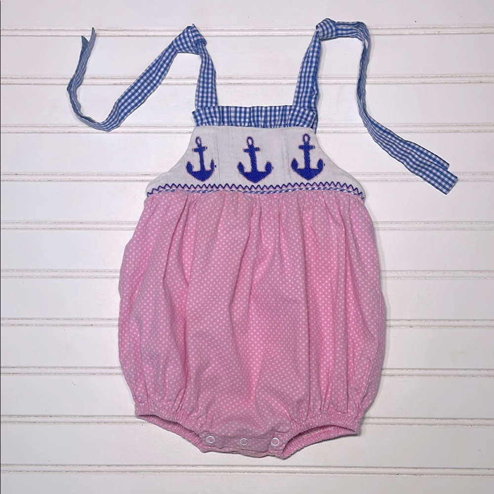 SMOCKED AUCTIONS Girls Smocked Nautical Anchor Polka Dot Tie Strap Bubble